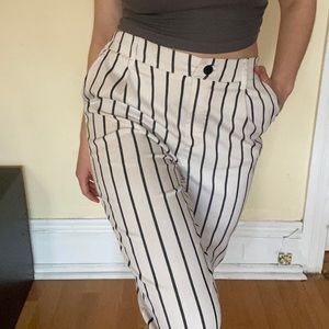 white and black striped pants